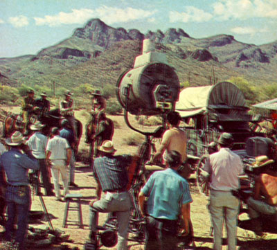 The crew makes ready to film a “High Chaparral” scene in 1968 on the White Stallion Ranch near Tucson, AZ. Photo below shows the vastness of where they were filming.