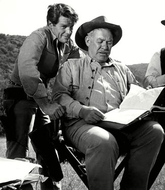 Robert Horton and Ward Bond look over their next “Wagon Train” script. (Thanx to Terry Cutts.)