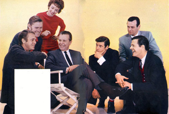 Head of Four Star Films Dick Powell in April ‘59 with his ‘stars’ (L-R) Steve McQueen (“Wanted Dead or Alive”), Chuck Connors (“The Rifleman”), leading lady Beverly Garland, Peter Breck (“Black Saddle”), David Janssen (“Richard Diamond, Detective”) and Robert Culp (“Trackdown”).