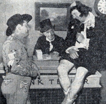 Tex Williams’ KNBH TV sidekicks Smokey Rogers and Deuce Spriggens in a comedy skit with guest star Jack Holt (center).