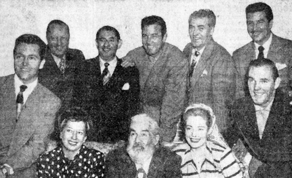 In Oklahoma City for the premiere of “El Paso” (3/26/49) are (L-R back row) producer Bill Thomas, composer Harry Revel, John Payne, Frank Faylen, Eduardo Noriega. (L-R seated) singer David Street, singer Helen Forrest, Gabby Hayes, Mary Beth Hughes, actor Paul Hogan. (Hogan is Forrest’s husband and has a bit as a heavy in “El Paso”.)