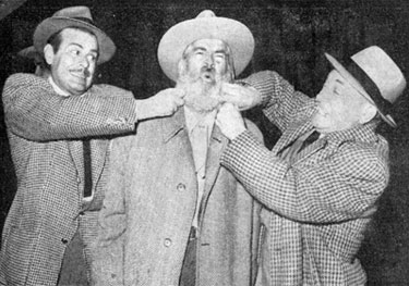 Billy De Wolff and William Demarest jokingly try to see if Gabby Hayes’ whiskers are real. Promotional photo for the Houston, TX premiere 2/4/48 of “Albuquerque”.