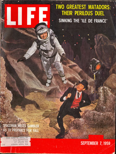 William Lundigan of “Men in Space” meets Gene Barry of “Bat Masterson” for a promotional shot on the cover of the September 7, 1959 LIFE magazine. 