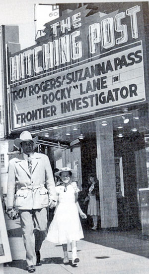 Allan “Rocky” Lane escorts a young fan to a showing of his “Frontier Investigator” in 1949 at the famous Hitching Post theater in L.A. (Note the misspelling of ‘Susanna’ 
on the marquee.)