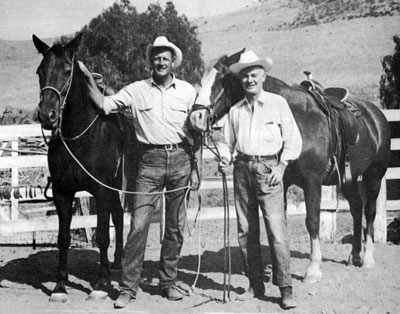Joel McCrea on his ranch with author Tom Murray. McCrea›s horse is the famous movie horse Dollar, so named because of a white spot the size of a dollar on his rump. 