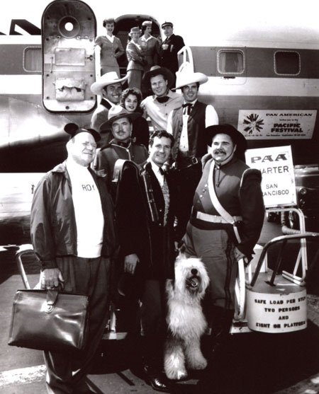 Jock (“Yancy Derringer”) Mahoney, ??, John (“Laramie”) Smith, Tom (“Texas John Slaughter”) Tryon, Richard (“Sgt. Preston”) Simmons, Roy (of the “Mickey Mouse Club”) Williams, Hugh (“Wyatt Earp”) O’Brian and Henry (Sgt. Garcia on “Zorro”) Calvin ready to board a charter for San Francisco on a promotional tour for Disney’s “Shaggy Dog” ('59). (Thanx to Terry Cutts.)