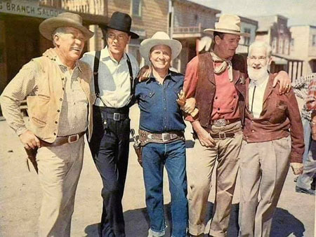A quintet of Western stars on the set of TV’s “Wide Wide World: Westerns” which aired on June 8, 1958. Ward Bond, Gary Cooper, Gene Autry, John Wayne, 
Gabby Hayes.