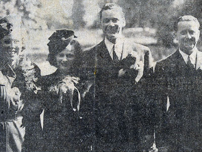 Actress Jan(e) Clayton (of Tularosa, NM) and her new husband Russell Hayden who was then working on the Hopalong Cassidy series as Lucky. The couple was married in October 9, 1938 in Tularosa. (L-R) Miss Leota Bradford, bridesmaid; Jan Clayton, Russell Hayden and Hayden's brother, F. J., of North Hollywood, CA. The Haydens Honeymooned in San Francisco.