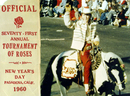 Jimmy Hawkins, Tagg Oakley on TV's "Annie Oakley", rides Pixie in the Tournament of Roses Parade.