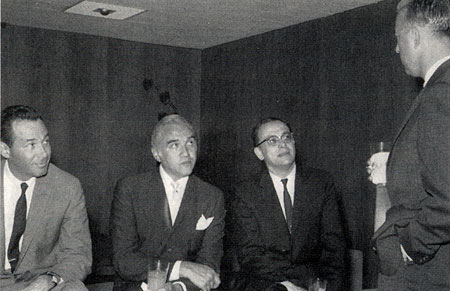 (L-R) NBC programming executive Alan Livingston, Lorne Greene, "Bonanza" creator David Dortort speak with another NBC programming executive Jerry Stanley in 1959, the year "Bonanza" debuted on NBC. Livingston's brother, Jay Livingston, and Ray Evans wrote the "Bonanza" themesong. Incidentally, it was Livingston who later, at Capitol Records, ignoring reccomendations, decided to release the Beatles' records in the U. S. (Photo from BONANZA GOLD, Vol. VII, #4.)