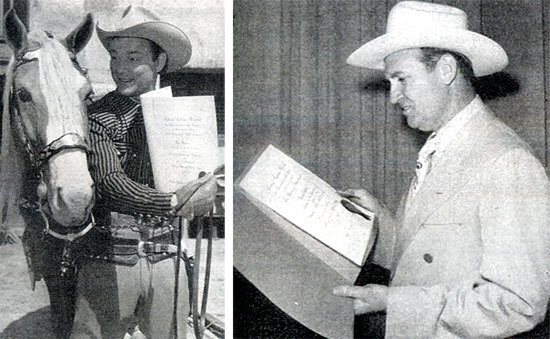 "Look Trigger, we're #1," Roy Rogers seems to be telling his golden palomino. Roy was voted #1 by the motion picture exhibitors of America for the MOTION PICTURE HERALD tradepaper's annual poll of "The Ten Best Moneymakers" in the western field. Other winner pictured is Gene Autry.