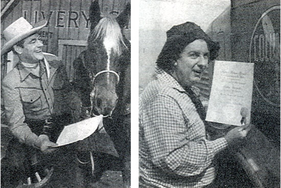 The motion picture exhibitors of America for the MOTION PICTURE HERALD tradepaper's annual poll of "The Ten Best Moneymakers" in the western field. Picture shows Charles Starrett and  Smiley Burnette.