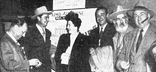 At the world premiere of "Albuquerque" left to right are Bill Thomas, studio executive of Pine-Thomas Studios who produced the western for Paramount release; film co-stars Russell Hayden, Catherine Craig, Lon Chaney Jr., Gabby Hayes; and actor William Demarest who was not in the film but appeared at the premiere.