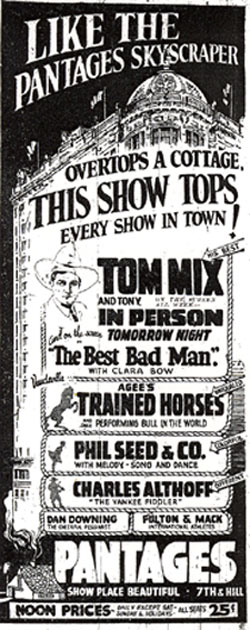 Tom Mix in person at the Pantages Theatre in Los Angeles, CA, March 8, 1926.