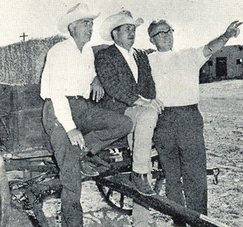 (L-R) J. W. Eaves, western writer Max Evans and Santa Fe, NM, independent producer Fred Patton as they began work in June 1968 for the first western movie street on the Eaves Ranch near Santa Fe. Several TV series and movies had already been shot on the ranch before the townsite was constructed for "Cheyenne Social Club" ('69).