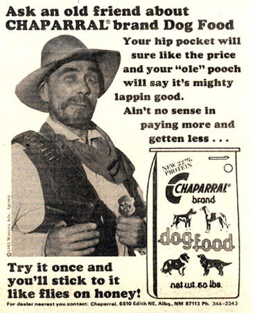 Ken “Festus Haggen” Curtis on “Gunsmoke” endorses Chaparral dogfood in 1983.