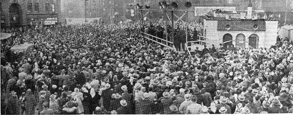 Panoramic view of the uncounted thousands of Hopalong Cassidy fans who came to greet Hoppy in Chicago on a cold 17 degree day, January 14, 1950. Hoppy gave a free outdoor show in a parking lot beside Medinah temple near Ohio Street and Wabash Avenue. Six thousand youngsters filled the temple to capacity at each of the three indoor shows with Hoppy on screen (“Dangerous Venture”) and in person.