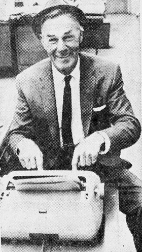A more urbane Randolph Scott pecks at a typewriter in 1963.