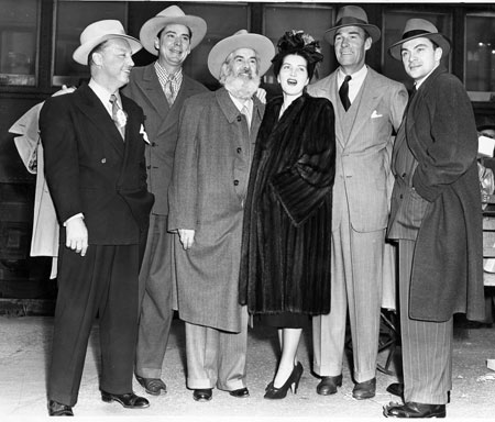 (L-R) Producer Bill Thomas, stars Russell Hayden, Gabby Hayes, Catherine Craig, Randolph Scott and Larry Blake in San Francisco during a promotional tour for the Pine-Thomas production of "Albuquerque" ('48 Paramount). (Oddly, Larry Blake is not in the movie.)