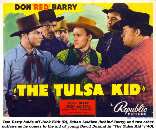Don Barry holds off Jack Kirk (R), Ethan Laidlaw (behind Barry) and two other outlaws as he comes tot he aid of young David Durand in "The Tulsa Kid" ('40).
