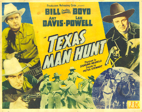 Title card for "Texas Manhunt" starring Bill "Cowboy Rambler" Boyd, Art Davis and Lee Powell.