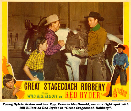 Young Sylvia Arslan and her Pop, Francis MacDonald, are in a tight spot with Bill Elliott as Red Ryder in "Great Stagecoach Robbery".