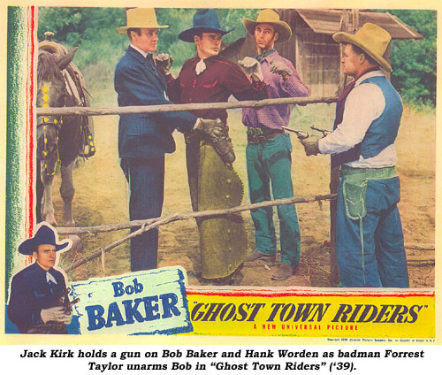Jack Kirk holds a gun on Bob Baker and Hank Worden as badman Forrest Taylor unarms Bob in "Ghost Town Riders" ('39).