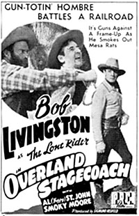 Newspaper ad for "Overland Stagecoach" starring Bob Livingston.