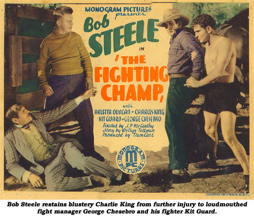 Bob Steele restrains blustery Charlie King from further injury to loudmouthed fight manager George Chesebro and his fighter Kit Guard.