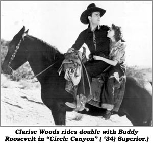 Clarise Woods rides double with Buddy Roosevelt in "Circle Canyon" ('34) Superior.