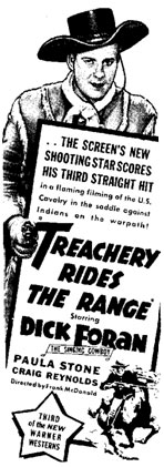 Newspaper ad for "Treachery Rides the Range" starring Dick Foran.