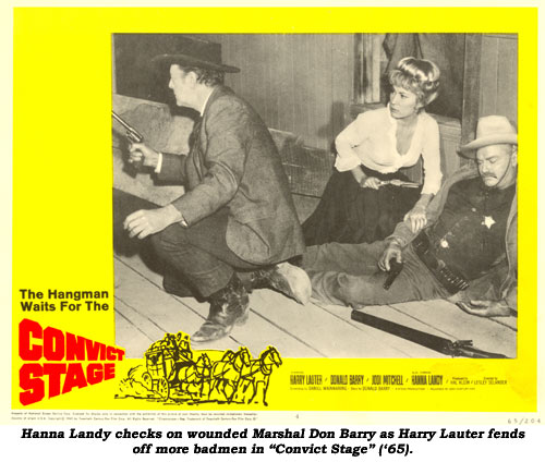 Hanna Landy checks on wounded Marshal Don Barry as Harry Lauter fends off more badmen in "Convict Stage" ('65).