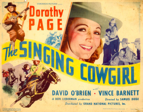 Title card to "The Singing Cowgirl" starring Dorothy Page.