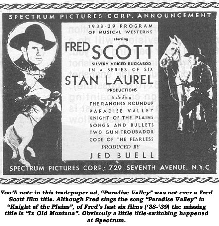 Spectrum Pictures Corp. announcement: 1938-'39 program of musical westerns starring Fred Scott