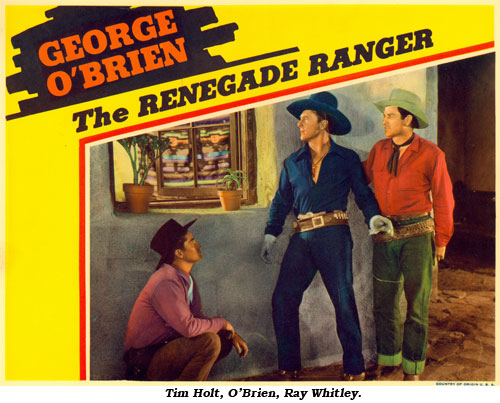 Tim Holt, O'Brien and Ray Whitley listen outside a window in "The Renegade Ranger".