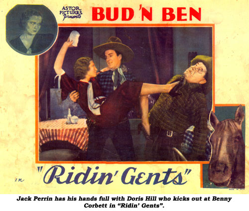 Jack Perrin has his hands full with Doris Hill who kicks out at Benny Corbett in "Ridin' Gents".