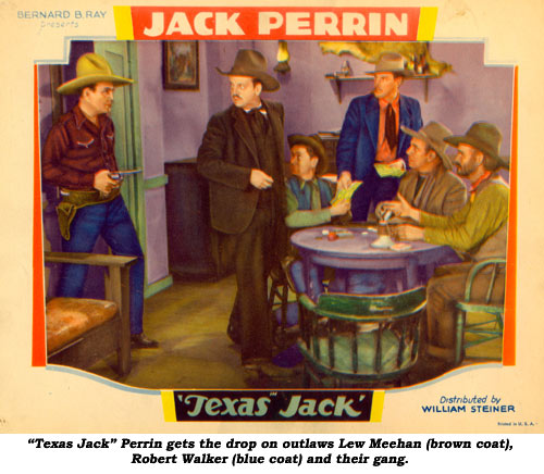 "Texas Jack" Perrin gets the drop on outlaws Lew Meehan (brown coat), Robert Walker (blue coat) and their gang.