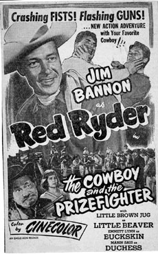 Newspaper ad for "Cowboy and the Prizefighter" starring Jim Bannon as Red Ryder.