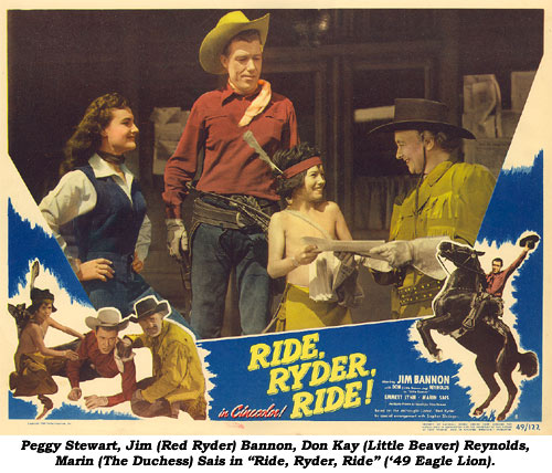 Peggy Stewart, Jim (Red Ryder) Bannon, Don Kay (Little Beaver) Reynolds, Marin (The Duchess) Sais in "Ride, Ryder, Ride" ('49 Eagle Lion).