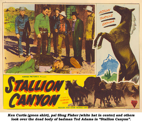 Ken Curtis (green shirt), pal Shug Fisher (white hat in center) and others look over the dead body of badman Ted Adams in "Stallion Canyon".