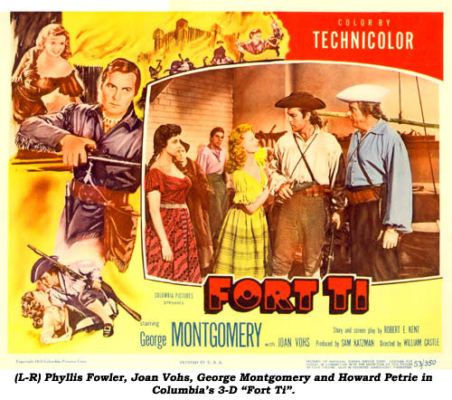 (L-R) Phyllis Fowler, Joan Vohs, George Montgomery and Howard Petrie in Columbia's 3-D "Fort Ti".