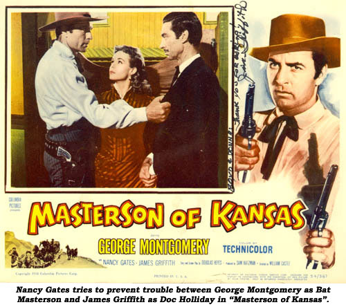 Nancy Gates tries to prevent trouble between George Montgomery as Bat Masterson and James Griffith as Doc Holliday in "Masterson of Kansas".