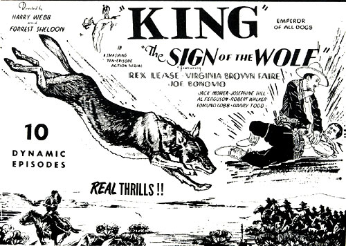 Ad for "The Sign of the Wolf" starring King, Emperor of all dogs, and Rex Lease.