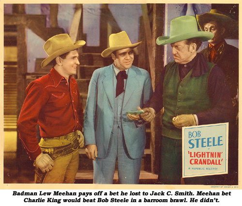 Badman Lew Meehan pays off a bet he lost to Jack C. Smith. Meehan bet Charlie King would beat Bob Steele in a barroom brawl. He didn't. Scene card from "Lightnin' Crandall".
