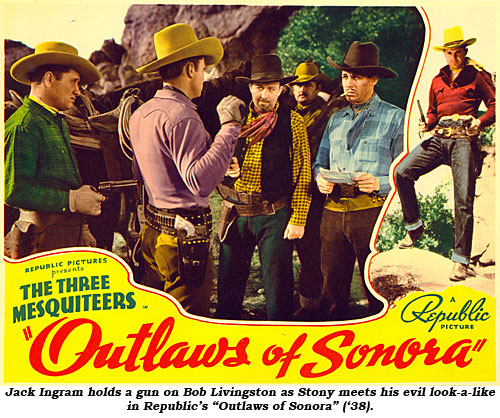 Jack Ingram holds a gun on Bob Livingston as Stony meets his evil look-a-like in Republic's "Outlaws of Sonora" ('38).
