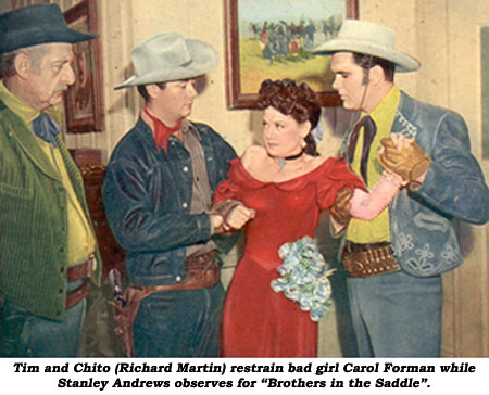 Tim and Chito (Richard Martin) restrain bad girl Carol Forman while Stanley Andrews observes for "Brothers in the Saddle".