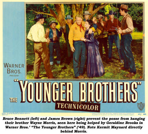 Bruce Bennett (left) and James Brown (right) prevent the posse from hanging their brother Wayne Morris, seen here being helped by Geraldine Brooks in Warner Bros.' "The Younger Brothers" ('49). Note Kermit Maynard directly behind Morris.